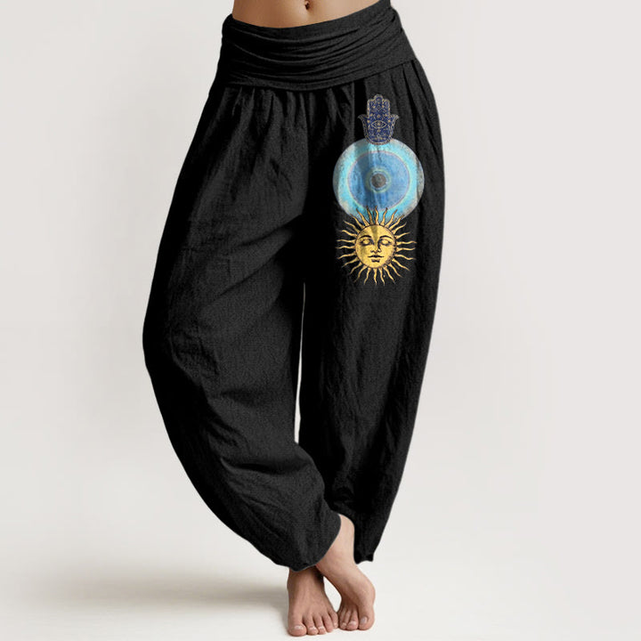 Buddha Stones Pantalones harén de algodón puro con cintura elástica para mujer, estilo minimalista, con estampado de mano de Fátima y sol - Negro - US16，UK/AU20，EU48 (3XL) - image 0