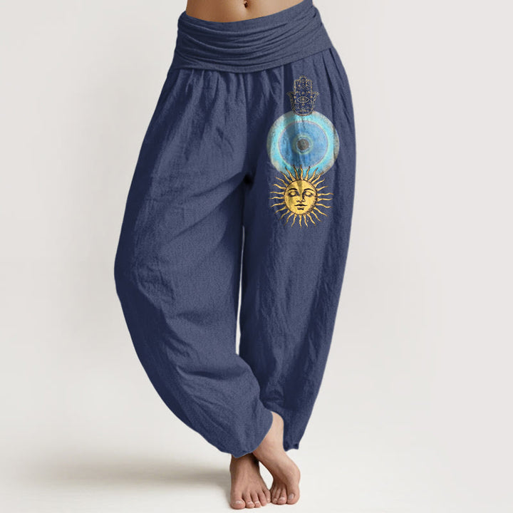 Buddha Stones Pantalones harén de algodón puro con cintura elástica para mujer, estilo minimalista, con estampado de mano de Fátima y sol - Azul pizarra oscuro - US16，UK/AU20，EU48 (3XL) - image 5