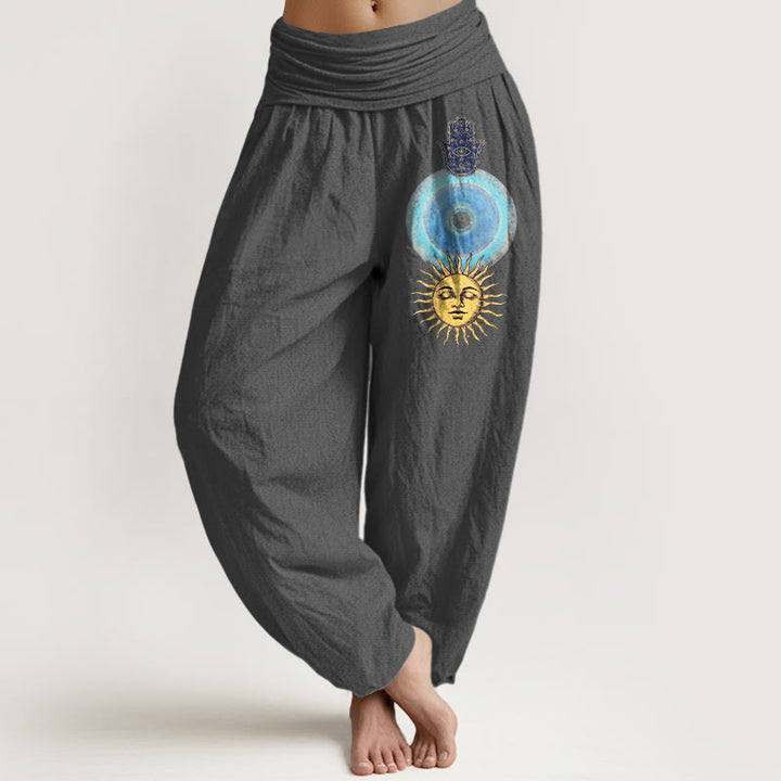 Buddha Stones Pantalones harén de algodón puro con cintura elástica para mujer, estilo minimalista, con estampado de mano de Fátima y sol - Gris oscuro - US16，UK/AU20，EU48 (3XL) - image 8