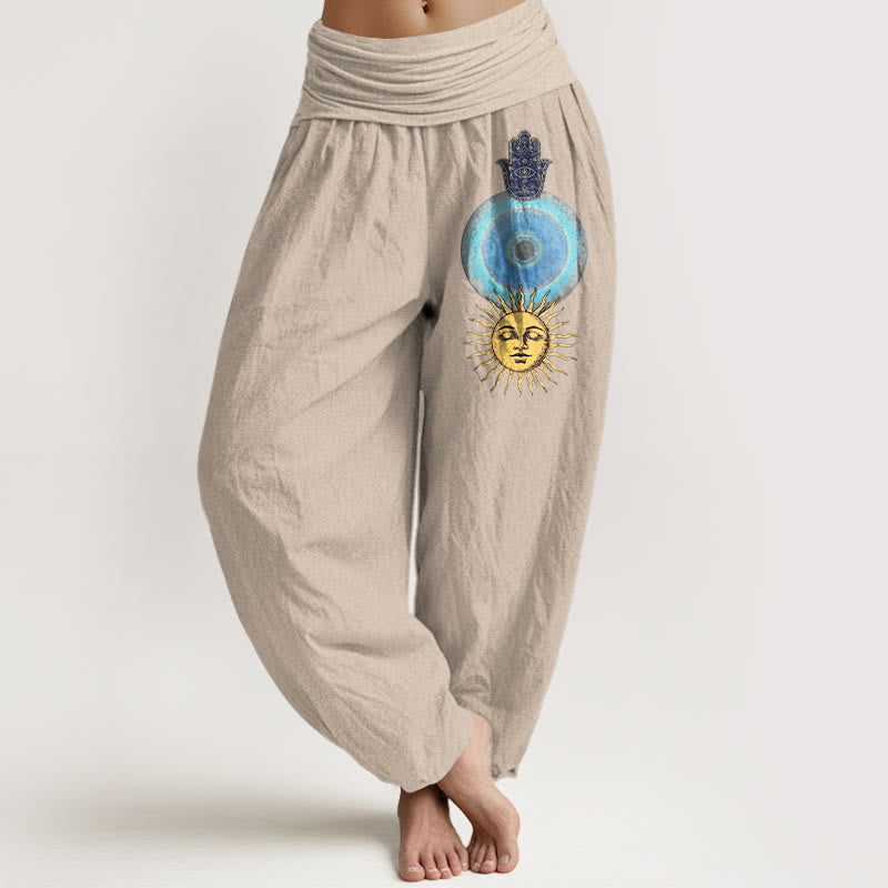 Buddha Stones Pantalones harén de algodón puro con cintura elástica para mujer, estilo minimalista, con estampado de mano de Fátima y sol - Broncearse - US16，UK/AU20，EU48 (3XL) - image 11