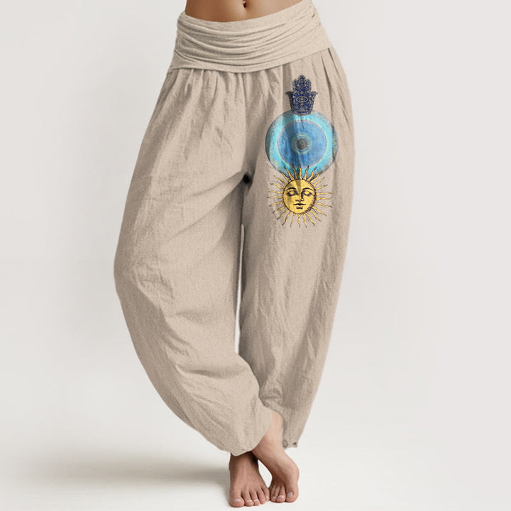 Buddha Stones Pantalones harén de algodón puro con cintura elástica para mujer, estilo minimalista, con estampado de mano de Fátima y sol - Broncearse - US16，UK/AU20，EU48 (3XL) - image 11