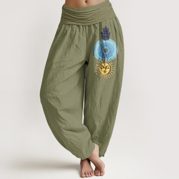 Buddha Stones Pantalones harén de algodón puro con cintura elástica para mujer, estilo minimalista, con estampado de mano de Fátima y sol - Verde oliva - US16，UK/AU20，EU48 (3XL) - image 14