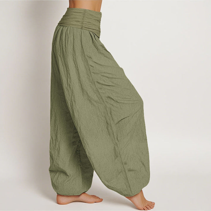 Buddha Stones Pantalones harén de algodón puro con cintura elástica para mujer, estilo minimalista, con estampado de mano de Fátima y sol - image 16