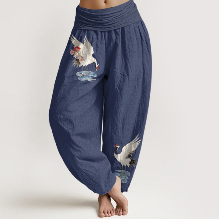 Buddha Stones Pantalones harén de algodón puro con cintura elástica y estampado de flores y nubes para mujer - Azul pizarra oscuro - US16，UK/AU20，EU48 (3XL) - image 0