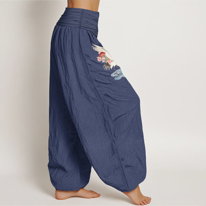 Buddha Stones Pantalones harén de algodón puro con cintura elástica y estampado de flores y nubes para mujer - image 2