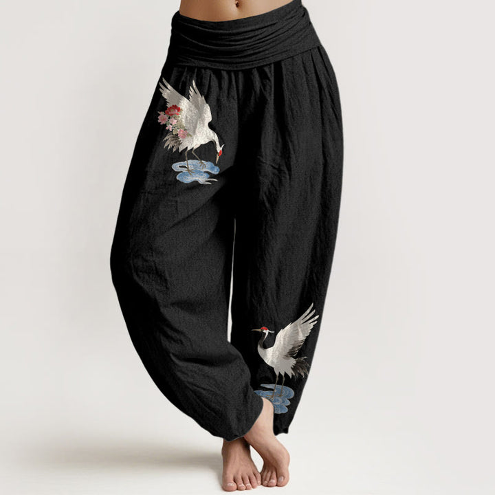Buddha Stones Pantalones harén de algodón puro con cintura elástica y estampado de flores y nubes para mujer - Negro - US16，UK/AU20，EU48 (3XL) - image 5