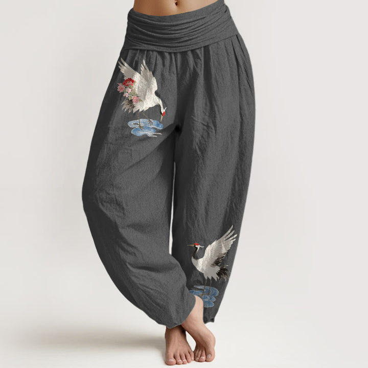 Buddha Stones Pantalones harén de algodón puro con cintura elástica y estampado de flores y nubes para mujer - Gris oscuro - US16，UK/AU20，EU48 (3XL) - image 8