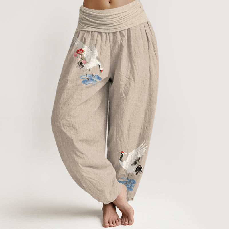 Buddha Stones Pantalones harén de algodón puro con cintura elástica y estampado de flores y nubes para mujer - Broncearse - US16，UK/AU20，EU48 (3XL) - image 11