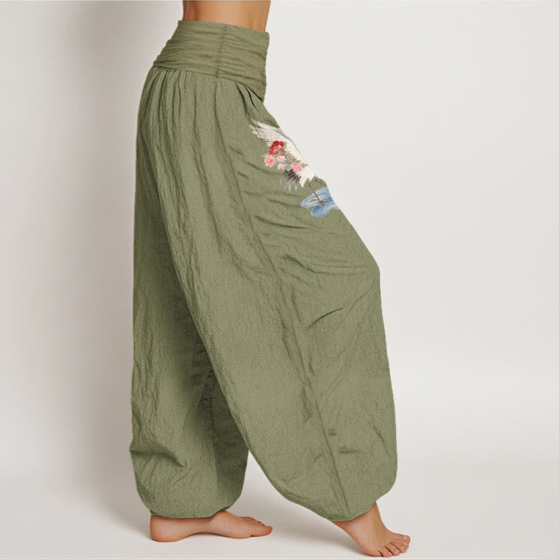 Buddha Stones Pantalones harén de algodón puro con cintura elástica y estampado de flores y nubes para mujer - image 16