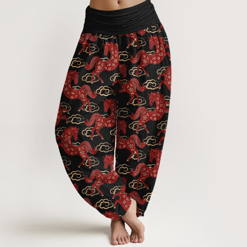 Buddha Stones Pantalones harén de algodón con cintura elástica y estampado de nubes y caballos para mujer - Negro - US16，UK/AU20，EU48 (3XL) - image 0