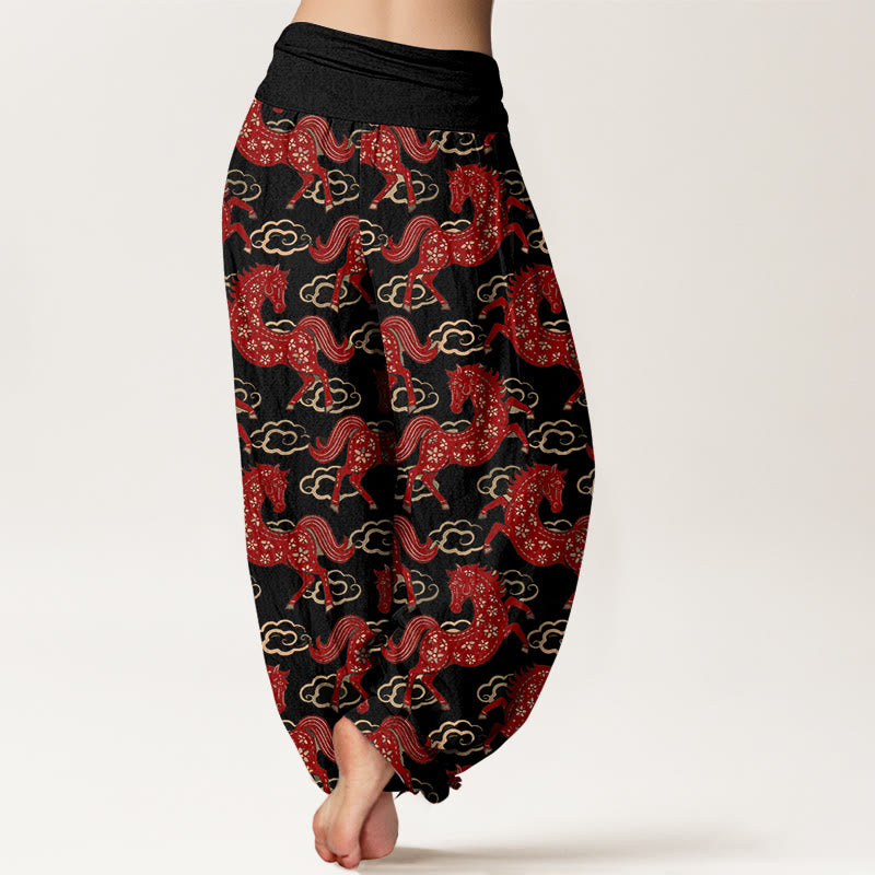 Buddha Stones Pantalones harén de algodón con cintura elástica y estampado de nubes y caballos para mujer - image 1