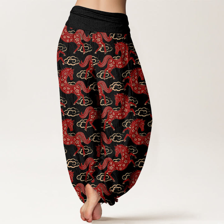 Buddha Stones Pantalones harén de algodón con cintura elástica y estampado de nubes y caballos para mujer - image 1