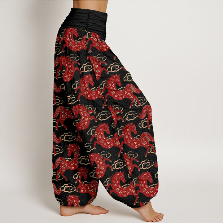 Buddha Stones Pantalones harén de algodón con cintura elástica y estampado de nubes y caballos para mujer - image 2