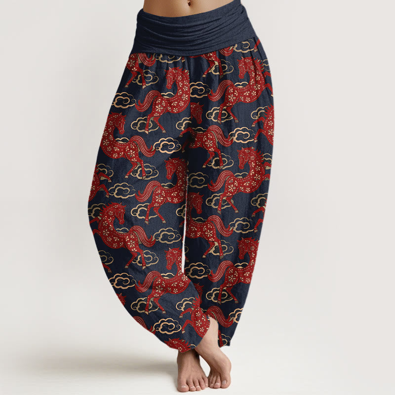 Buddha Stones Pantalones harén de algodón con cintura elástica y estampado de nubes y caballos para mujer - Azul medianoche - US16，UK/AU20，EU48 (3XL) - image 5