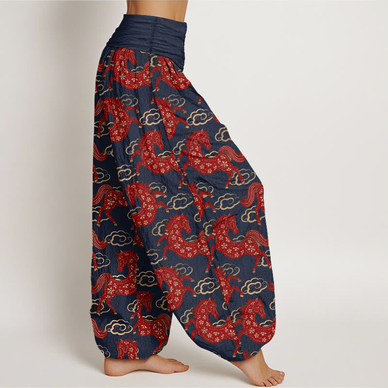 Buddha Stones Pantalones harén de algodón con cintura elástica y estampado de nubes y caballos para mujer - image 7