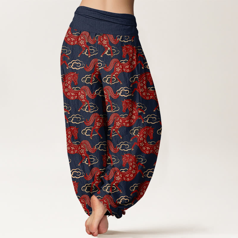 Buddha Stones Pantalones harén de algodón con cintura elástica y estampado de nubes y caballos para mujer - image 6