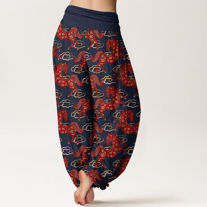 Buddha Stones Pantalones harén de algodón con cintura elástica y estampado de nubes y caballos para mujer - image 6