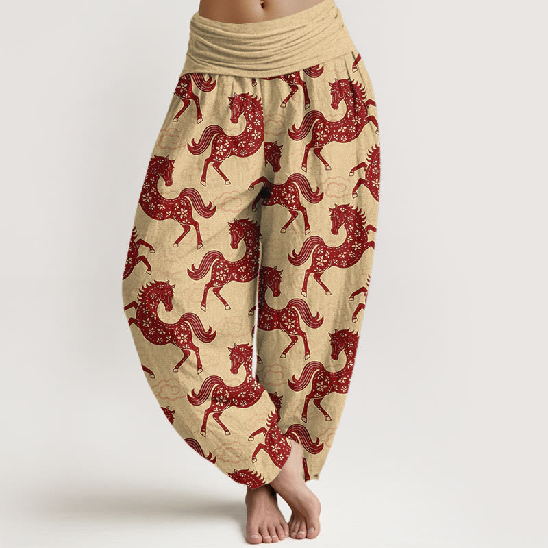 Buddha Stones Pantalones harén de algodón con cintura elástica y estampado de nubes y caballos para mujer - Caqui - US16，UK/AU20，EU48 (3XL) - image 8