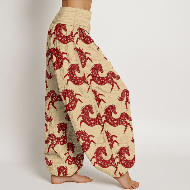 Buddha Stones Pantalones harén de algodón con cintura elástica y estampado de nubes y caballos para mujer - image 10