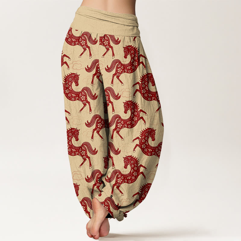 Buddha Stones Pantalones harén de algodón con cintura elástica y estampado de nubes y caballos para mujer - image 9