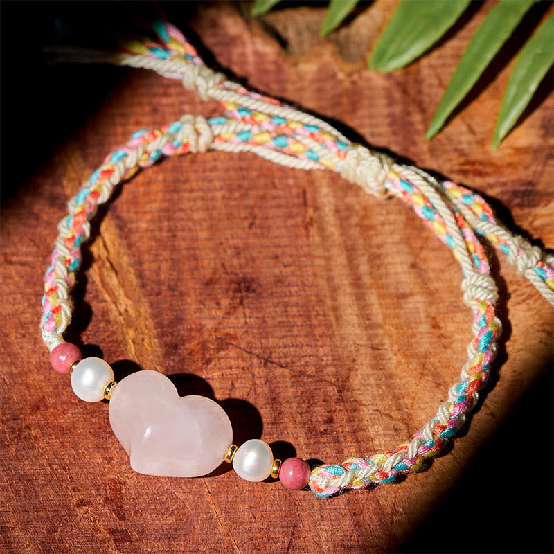 Pulsera de amor y calidez con cuerda trenzada de cristal rosa y diseño de corazón de Buddha Stones - image 1