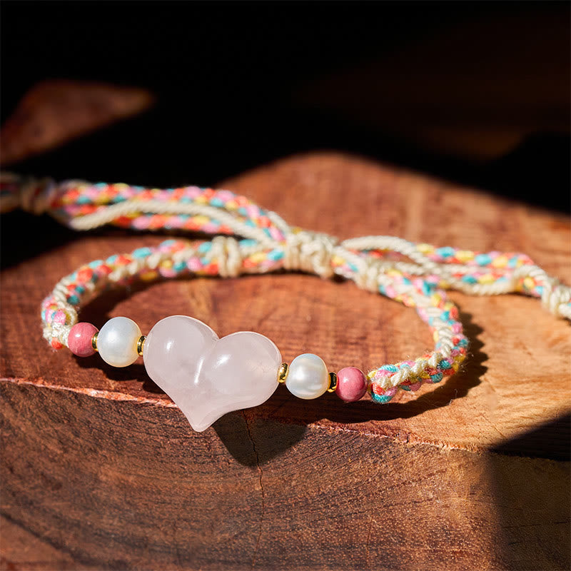 Pulsera de amor y calidez con cuerda trenzada de cristal rosa y diseño de corazón de Buddha Stones - Cristal rosa (circunferencia de la muñeca: 13-20 cm) - image 0