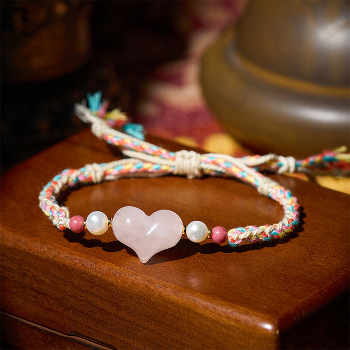 Pulsera de amor y calidez con cuerda trenzada de cristal rosa y diseño de corazón de Buddha Stones - image 2