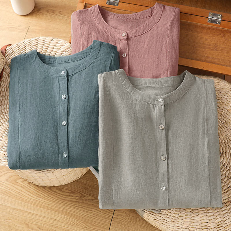 Buddha Stones Camisa de algodón con botones y manga larga para mujer, diseño liso y patchwork, para el viaje de otoño - image 26