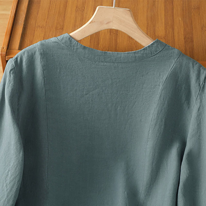 Buddha Stones Camisa de algodón con botones y manga larga para mujer, diseño liso y patchwork, para el viaje de otoño - image 21