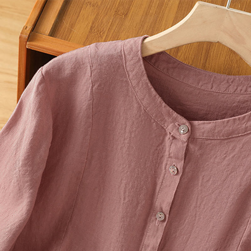 Buddha Stones Camisa de algodón con botones y manga larga para mujer, diseño liso y patchwork, para el viaje de otoño - image 4