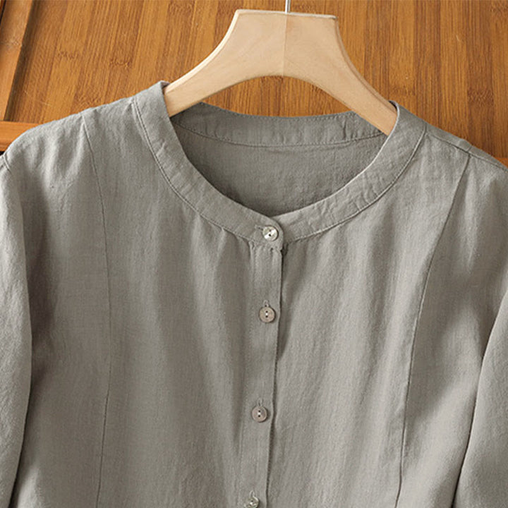 Buddha Stones Camisa de algodón con botones y manga larga para mujer, diseño liso y patchwork, para el viaje de otoño - image 11