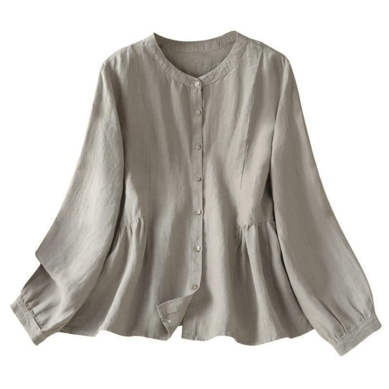 Buddha Stones Camisa de algodón con botones y manga larga para mujer, diseño liso y patchwork, para el viaje de otoño - image 17