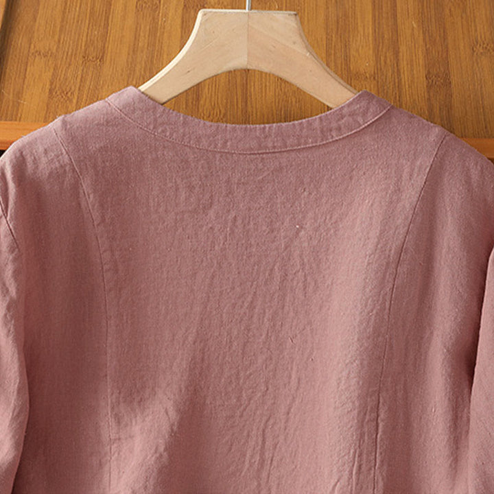 Buddha Stones Camisa de algodón con botones y manga larga para mujer, diseño liso y patchwork, para el viaje de otoño - image 3