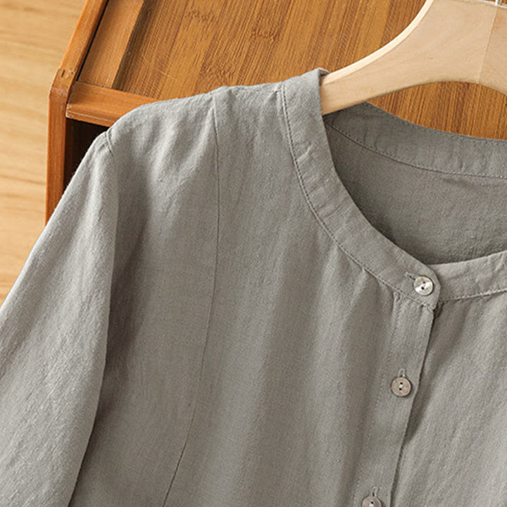 Buddha Stones Camisa de algodón con botones y manga larga para mujer, diseño liso y patchwork, para el viaje de otoño - image 13