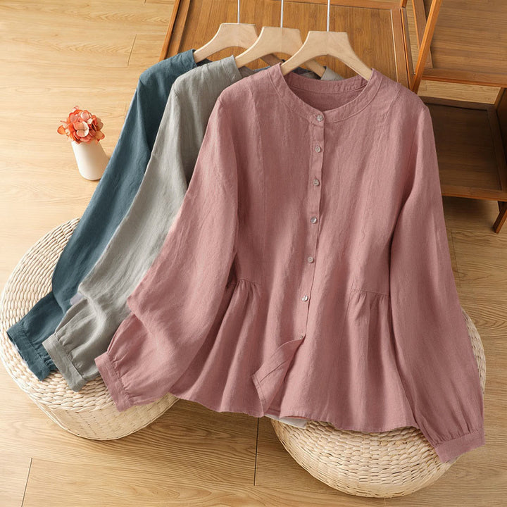 Buddha Stones Camisa de algodón con botones y manga larga para mujer, diseño liso y patchwork, para el viaje de otoño - image 25