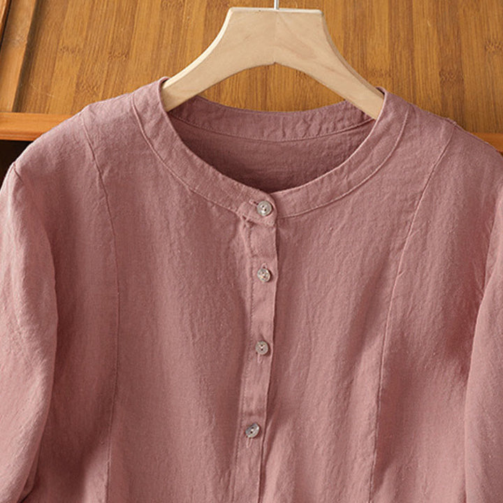 Buddha Stones Camisa de algodón con botones y manga larga para mujer, diseño liso y patchwork, para el viaje de otoño - image 2