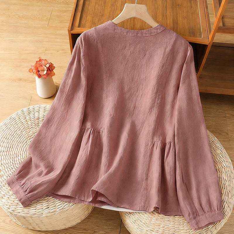 Buddha Stones Camisa de algodón con botones y manga larga para mujer, diseño liso y patchwork, para el viaje de otoño - image 1