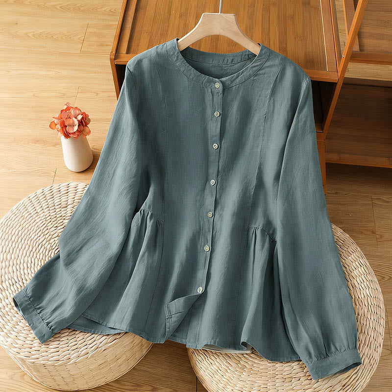 Buddha Stones Camisa de algodón con botones y manga larga para mujer, diseño liso y patchwork, para el viaje de otoño - Azul cadete - US8-10，UK/AU12-14，EU40-42 (2XL) - image 18