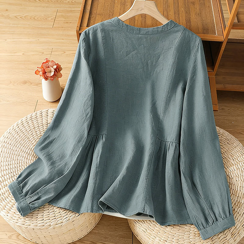 Buddha Stones Camisa de algodón con botones y manga larga para mujer, diseño liso y patchwork, para el viaje de otoño - image 19