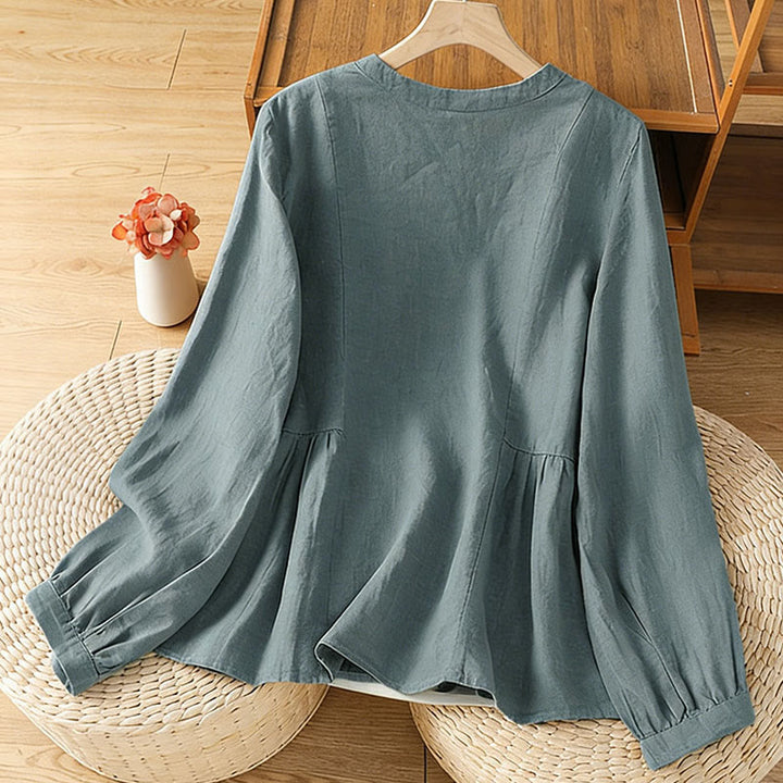 Buddha Stones Camisa de algodón con botones y manga larga para mujer, diseño liso y patchwork, para el viaje de otoño - image 19