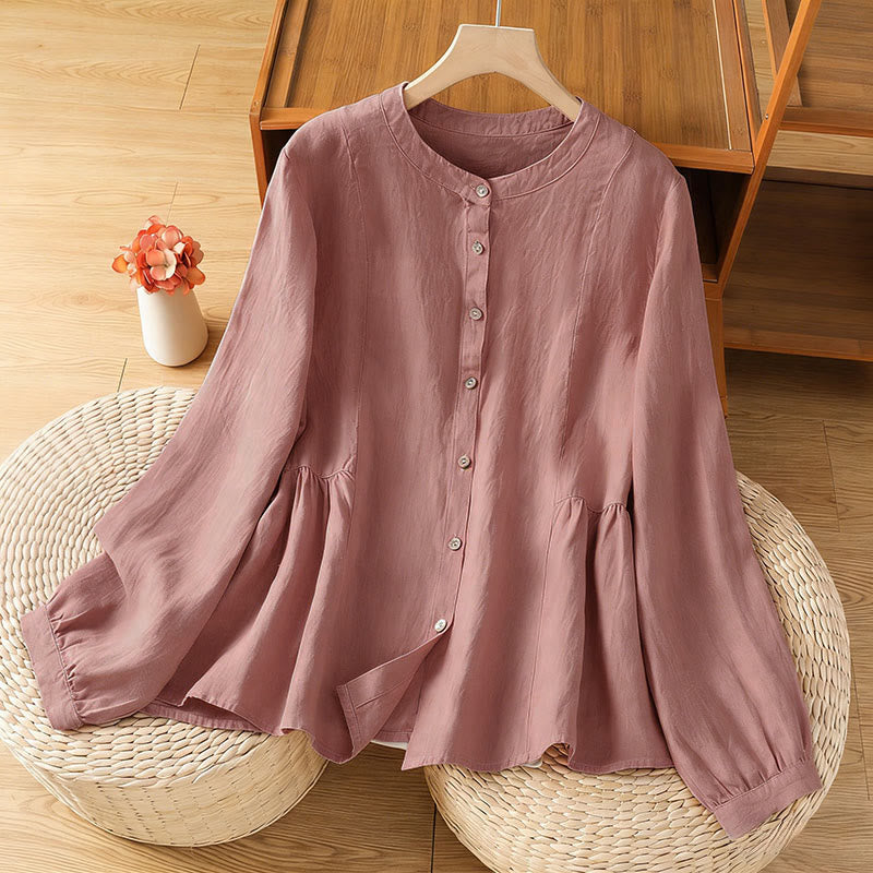 Buddha Stones Camisa de algodón con botones y manga larga para mujer, diseño liso y patchwork, para el viaje de otoño - Coral claro - US8-10，UK/AU12-14，EU40-42 (2XL) - image 0