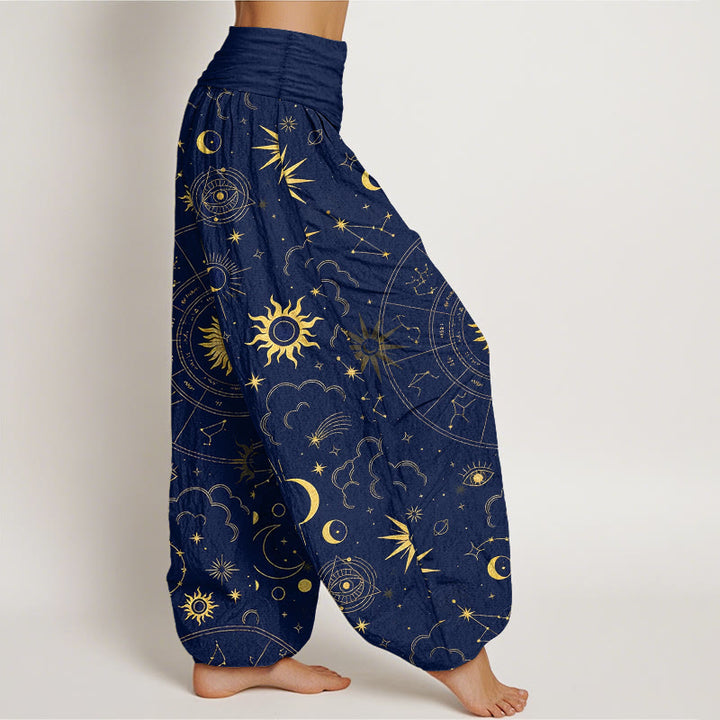 Buddha Stones Pantalones harén de algodón con cintura elástica para mujer, con estampado de sol, luna, estrellas y nubes - image 2