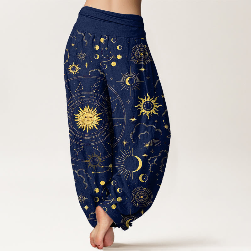 Buddha Stones Pantalones harén de algodón con cintura elástica para mujer, con estampado de sol, luna, estrellas y nubes - image 1