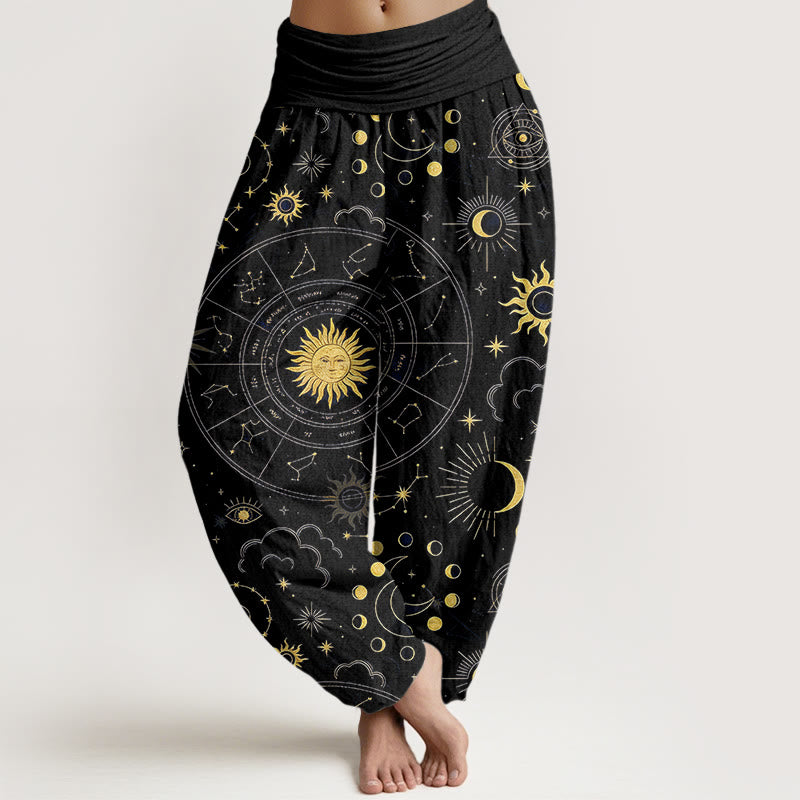 Buddha Stones Pantalones harén de algodón con cintura elástica para mujer, con estampado de sol, luna, estrellas y nubes - Negro - US16，UK/AU20，EU48 (3XL) - image 5