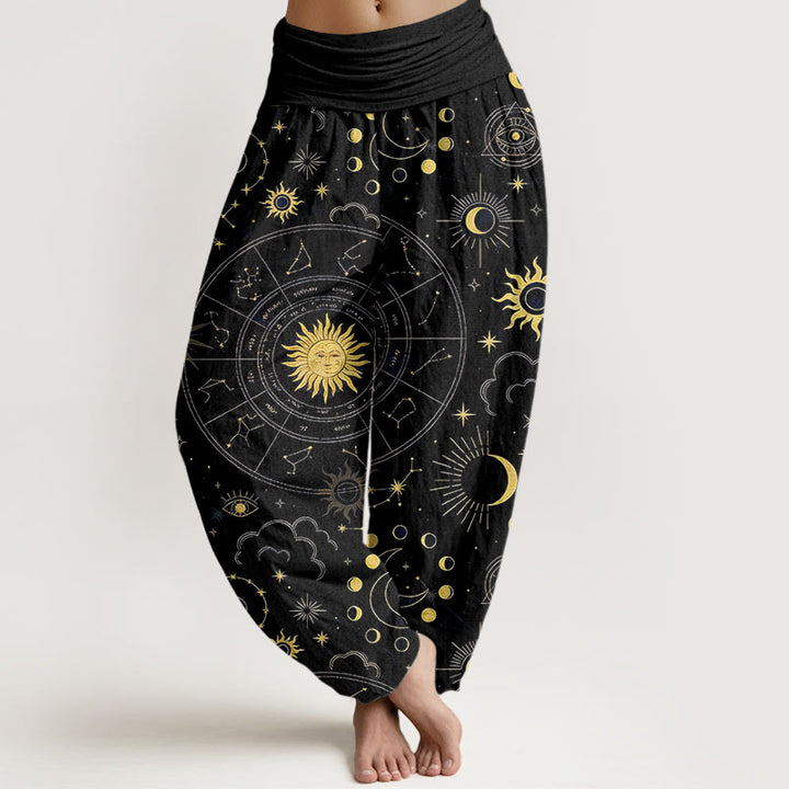 Buddha Stones Pantalones harén de algodón con cintura elástica para mujer, con estampado de sol, luna, estrellas y nubes - Negro - US16，UK/AU20，EU48 (3XL) - image 5