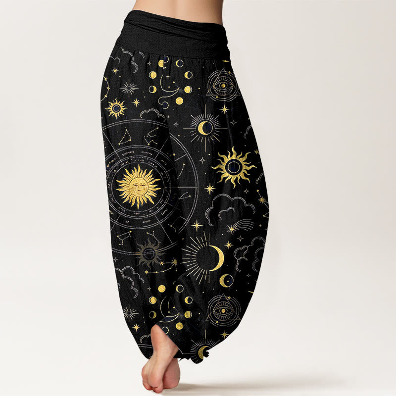 Buddha Stones Pantalones harén de algodón con cintura elástica para mujer, con estampado de sol, luna, estrellas y nubes - image 6