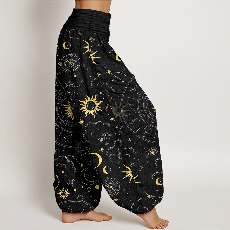 Buddha Stones Pantalones harén de algodón con cintura elástica para mujer, con estampado de sol, luna, estrellas y nubes - image 7