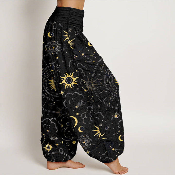 Buddha Stones Pantalones harén de algodón con cintura elástica para mujer, con estampado de sol, luna, estrellas y nubes - image 7
