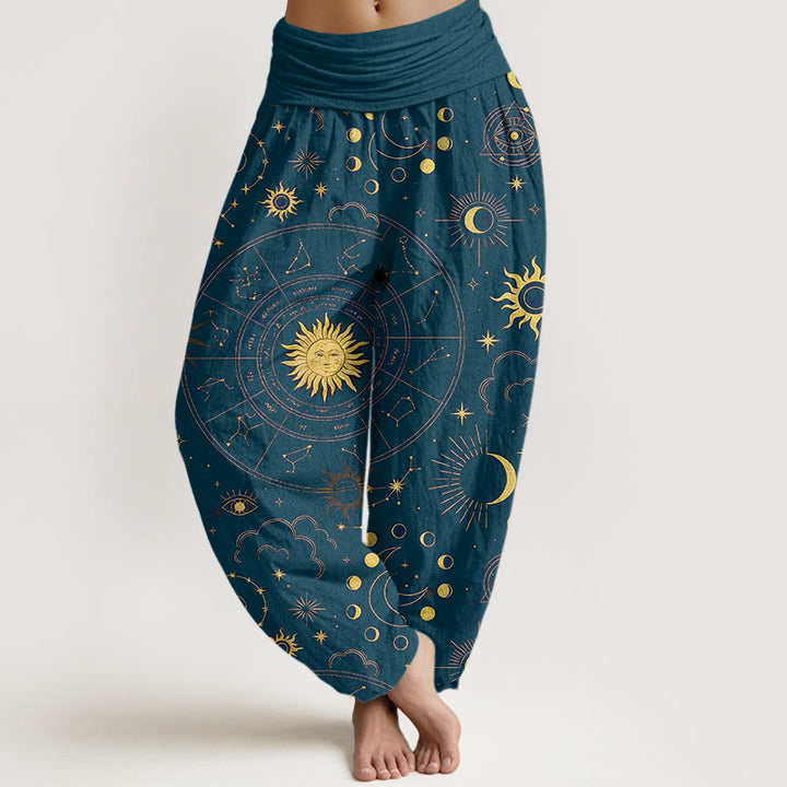Buddha Stones Pantalones harén de algodón con cintura elástica para mujer, con estampado de sol, luna, estrellas y nubes - Verde azulado - US16，UK/AU20，EU48 (3XL) - image 8