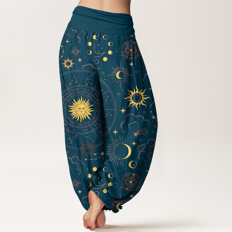 Buddha Stones Pantalones harén de algodón con cintura elástica para mujer, con estampado de sol, luna, estrellas y nubes - image 9